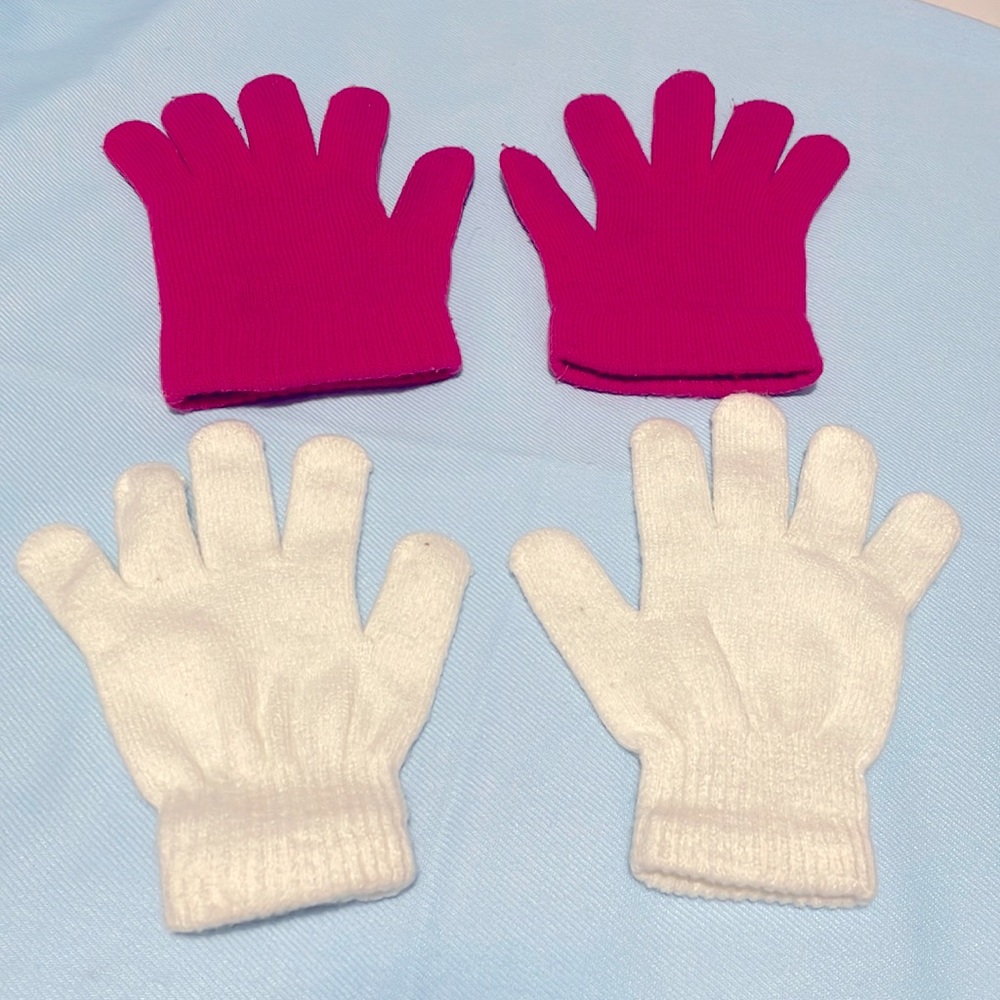 Hot pink & white pair of gloves both girls youth size 5-8 (S-M)